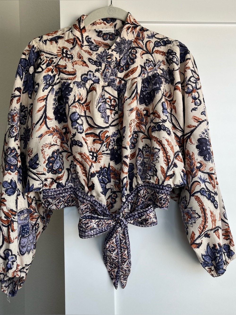 Floral Tie-Front Blouse - Ivory with Blue & Brown Print